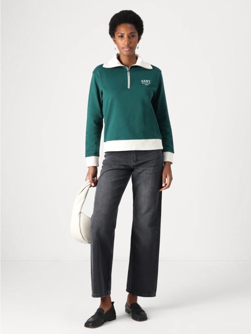 GANT Women’s Graphic Half Zip-Up Sweater with White Trim Deep Forest Green S